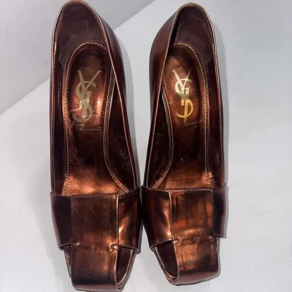Yves Saint Laurent YSL Basket Orange Bronze Leather Designer Heels Sandals 37.5 - Picture 5 of 15